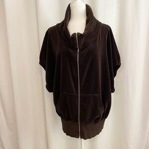 Juicy Couture Short Sleeve Velour Jacket  Vest Zip Dolman Cowl Neck Brown Y2K XL